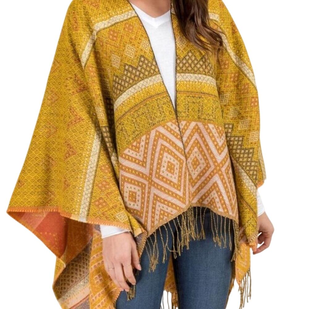 Western Boutique Fringe Bottom Tribal Print Oversized Sweater Kimono P
